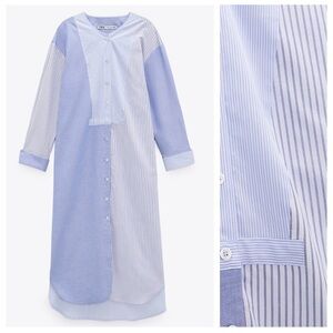 Zara Blue White Striped Asymmetrical Shirt Dress